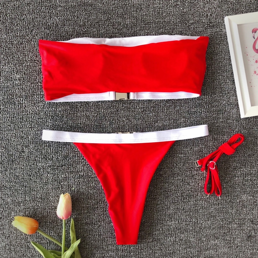 Colorblock Red and Cheetah Belted Bikini Swimsuit - Picture 3 of 5
